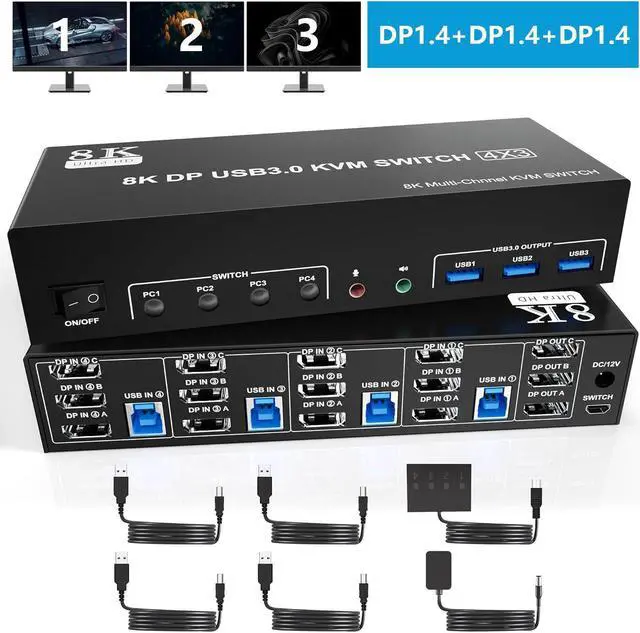 Main image of 8K@60Hz USB 3.0 Displayport KVM Switch 3 Monitors 4 Computer, DP1.4 Triple Monitor KVM Switch with Audio Microphone Output and 3 USB 3.0 Port, KVM Triple Monitor Keyboard Mouse Switcher for 4PCs