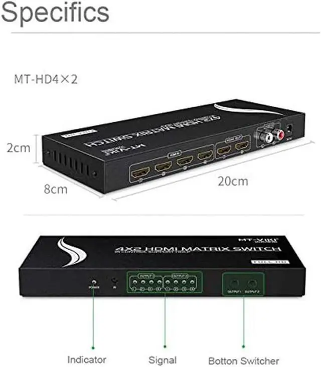 Alt view image 5 of 7 - HDMI Matrix 4x2, MT-VIKI HDMI Matrix Switch 4 in 2 out Splitter with 3.5mm Stereo L/R RCA Audio & IR Remote Control