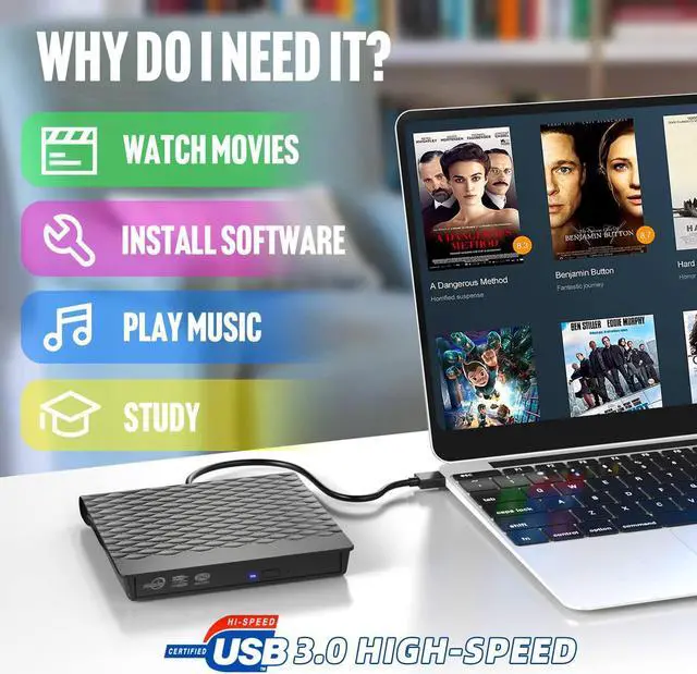 Alt view image 2 of 7 - [New Model] External CD DVD Drive, USB 3.0 Type C External CD/DVD Burner, Portable CD ROM Optical Drive Player Reader Disk Disc with Laptop Desktop PC Windows 11/10/8/7, MacOS, Linux