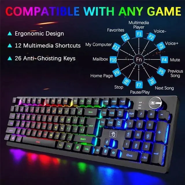 Alt view image 5 of 7 - Gaming Keyboard and Mouse Set RGB Backlit Mechanical Feel 4000mAh Battery Ergonomic Waterproof Keyboard for Mac PC Laptop Computer Game Work Office