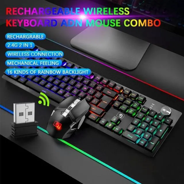 Alt view image 4 of 7 - Gaming Keyboard and Mouse Set RGB Backlit Mechanical Feel 4000mAh Battery Ergonomic Waterproof Keyboard for Mac PC Laptop Computer Game Work Office