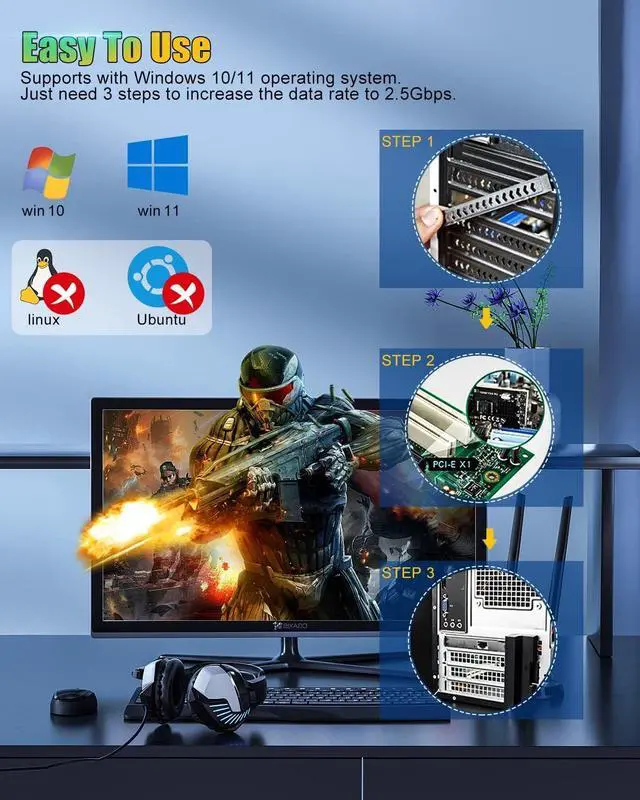 Alt view image 5 of 7 - 2.5GBase-T PCI Express Gigabit Network Card for Gaming, Streaming, 2.5G/1G/100Mbps PCIe Ethernet Network Adapter RJ45 LAN Controller for PC, Support Windows 10/11, Standard & Low-Profile Brackets