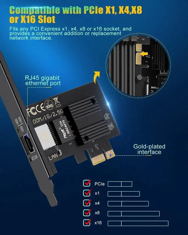 Alt view image 6 of 7 - 2.5GBase-T PCI Express Gigabit Network Card for Gaming, Streaming, 2.5G/1G/100Mbps PCIe Ethernet Network Adapter RJ45 LAN Controller for PC, Support Windows 10/11, Standard & Low-Profile Brackets
