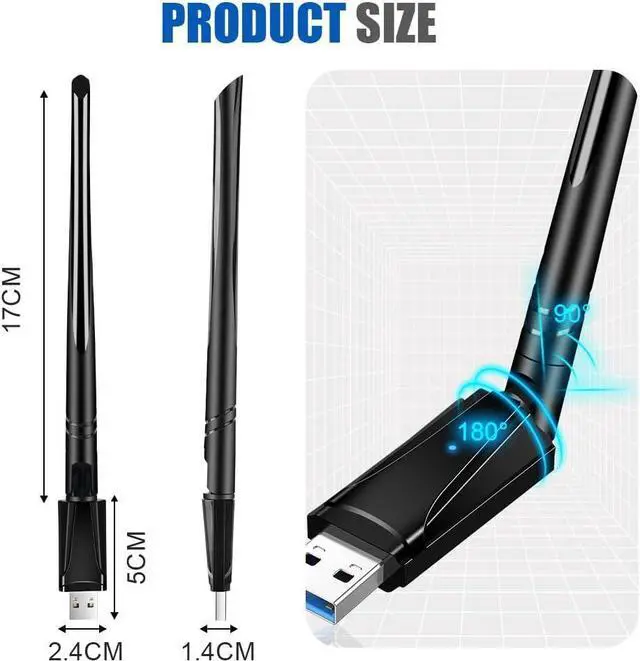 Alt view image 2 of 7 - AC1300 High Gain USB 3.0 Wi-Fi Dongle, 1300Mbps USB WiFi Dongle for Desktop PC, Dual Band 2.4/5GHz WiFi Adapter with 5dBi Antenna, Wireless Adapter Compatible with Windows 11/10/8.1/8/7/XP, Mac OS