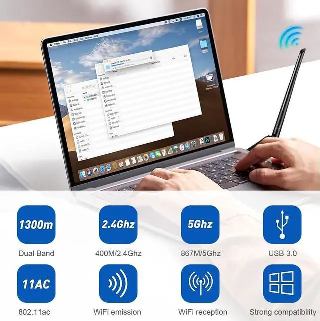 Alt view image 3 of 7 - AC1300 High Gain USB 3.0 Wi-Fi Dongle, 1300Mbps USB WiFi Dongle for Desktop PC, Dual Band 2.4/5GHz WiFi Adapter with 5dBi Antenna, Wireless Adapter Compatible with Windows 11/10/8.1/8/7/XP, Mac OS