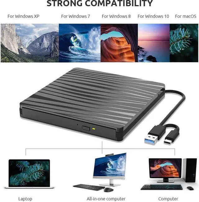 Alt view image 2 of 7 - DVD Drive USB 3.0 External CD drive and Type-C interface, Slim Portable External DVD-R DVD / CD, Compatible with Win10 /8.1/7/XP/Vista/Linux,Laptop, Desktop,Mac (Color: Black) eokCXOY