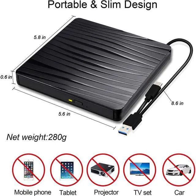 Alt view image 7 of 7 - DVD Drive USB 3.0 External CD drive and Type-C interface, Slim Portable External DVD-R DVD / CD, Compatible with Win10 /8.1/7/XP/Vista/Linux,Laptop, Desktop,Mac (Color: Black) eokCXOY