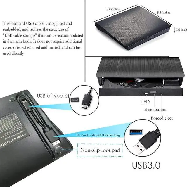 Alt view image 6 of 7 - External CD/DVD Drive, USB3.0 & USB C DVD+/-RW Portable CD DVD Burner Optical Drive is Suitable for laptop/desktop/MacOS/Windows10/8/7/XP high-Speed Data Transmission