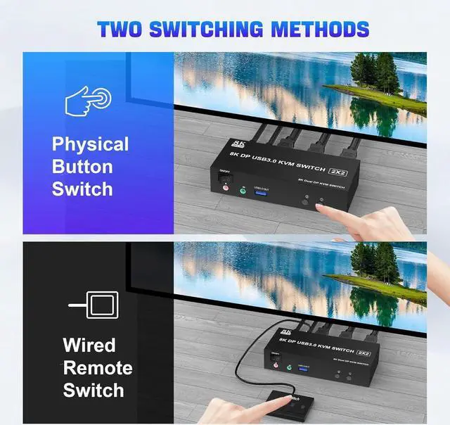 Alt view image 7 of 7 - Displayport USB 3.0 KVM Switch 2 Monitors 2 Computers 8K@60Hz 4K@144Hz, Dual Monitor Displayport1.4 KVM Switches with Audio Microphone Output and 3 USB 3.0 Ports, DP Switch for 2 PCs 2 Monitors