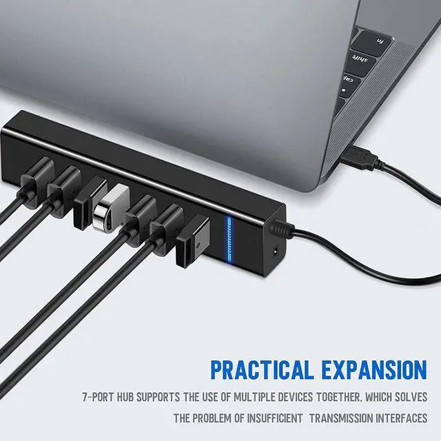 Alt view image 4 of 7 - USB Hub, 7-Port USB 3.0 Hub - High-Speed with LED Indicator - Compatible with iMac Pro, MacBook Air, Mac Mini/Pro, Surface Pro, PC and Laptop - Portable and Efficient (Black, 30cm)