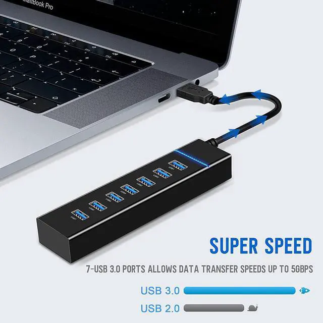 Alt view image 2 of 7 - USB Hub, 7-Port USB 3.0 Hub - High-Speed with LED Indicator - Compatible with iMac Pro, MacBook Air, Mac Mini/Pro, Surface Pro, PC and Laptop - Portable and Efficient (Black, 30cm)