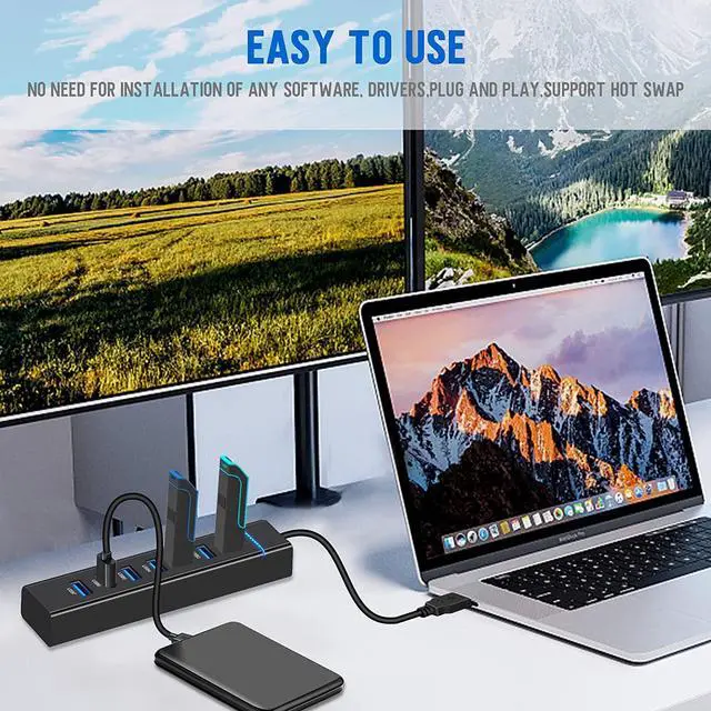 Alt view image 5 of 7 - USB Hub, 7-Port USB 3.0 Hub - High-Speed with LED Indicator - Compatible with iMac Pro, MacBook Air, Mac Mini/Pro, Surface Pro, PC and Laptop - Portable and Efficient (Black, 30cm)