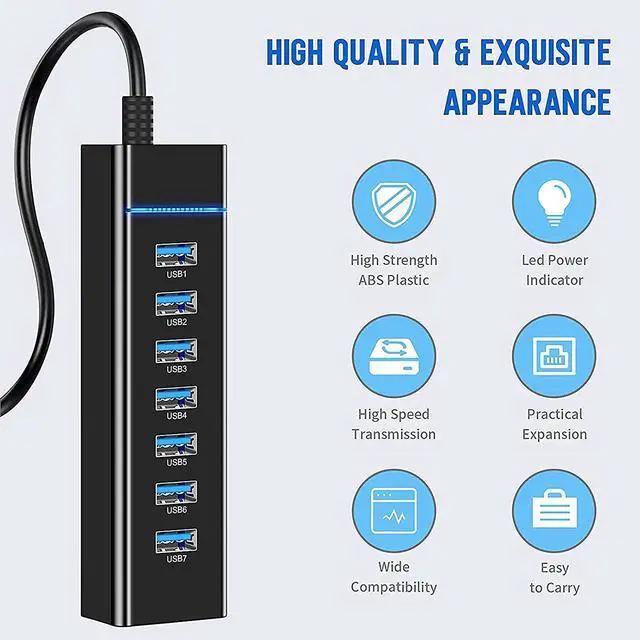 Alt view image 7 of 7 - USB Hub, 7-Port USB 3.0 Hub - High-Speed with LED Indicator - Compatible with iMac Pro, MacBook Air, Mac Mini/Pro, Surface Pro, PC and Laptop - Portable and Efficient (Black, 30cm)