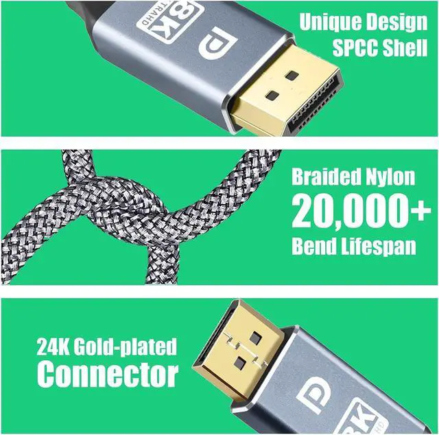 Alt view image 5 of 7 - 8K DisplayPort Cable 1.4, 3.3Ft/1M DP Cable (8K@60Hz 4K@144Hz 2K@165HZ) High Speed Braided DisplayPort Cable Cord 32.4Gbps HDP, Compatible with Gaming Monitor Cable, Laptop PC TV