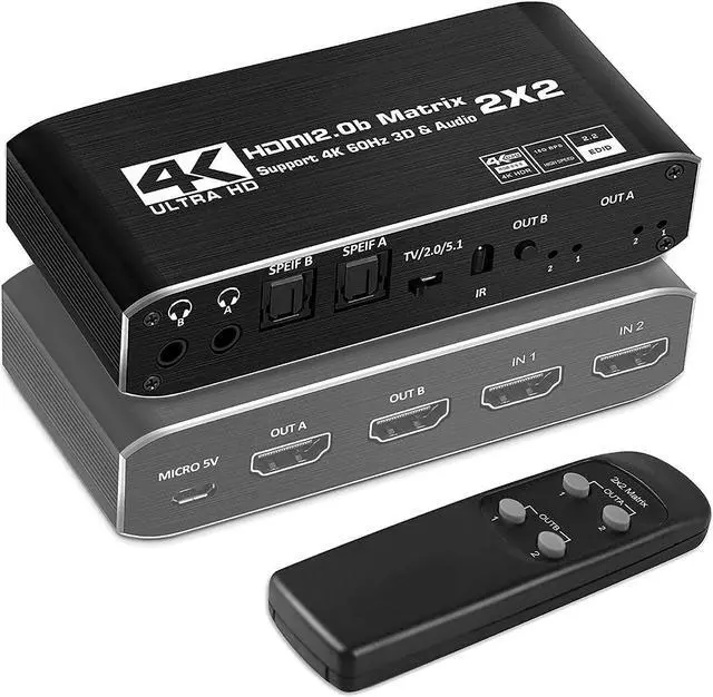 Main image of HDMI Matrix 2x2, 4K@60Hz HDMI Matrix Switcher 2 in 2 Out with Optical & L/R Audio Extractor, HDMI Video Switch Splitter Support IR Remote, Auto Scaling HDMI 2.0b/HDCP 2.2, RGB 8:8:8, 18.5Gbps, HDR, 3D