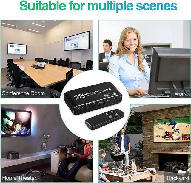 Alt view image 5 of 7 - HDMI Matrix 2x2, 4K@60Hz HDMI Matrix Switcher 2 in 2 Out with Optical & L/R Audio Extractor, HDMI Video Switch Splitter Support IR Remote, Auto Scaling HDMI 2.0b/HDCP 2.2, RGB 8:8:8, 18.5Gbps, HDR, 3D