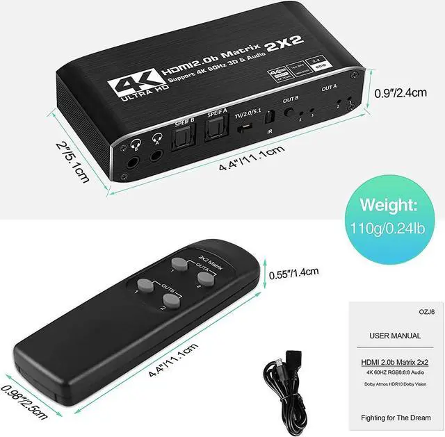 Alt view image 6 of 7 - HDMI Matrix 2x2, 4K@60Hz HDMI Matrix Switcher 2 in 2 Out with Optical & L/R Audio Extractor, HDMI Video Switch Splitter Support IR Remote, Auto Scaling HDMI 2.0b/HDCP 2.2, RGB 8:8:8, 18.5Gbps, HDR, 3D