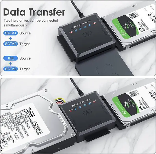Alt view image 5 of 7 - [Upgraded] Hard Drive Reader - SATA/IDE to USB 3.0 Adapter [One-Click Backup & Progress LED Light] External Hard Drive Adapter Converter for 2.5/3.5 HDD/SSD Hard Drive, Included 12V/2A Power Adapter