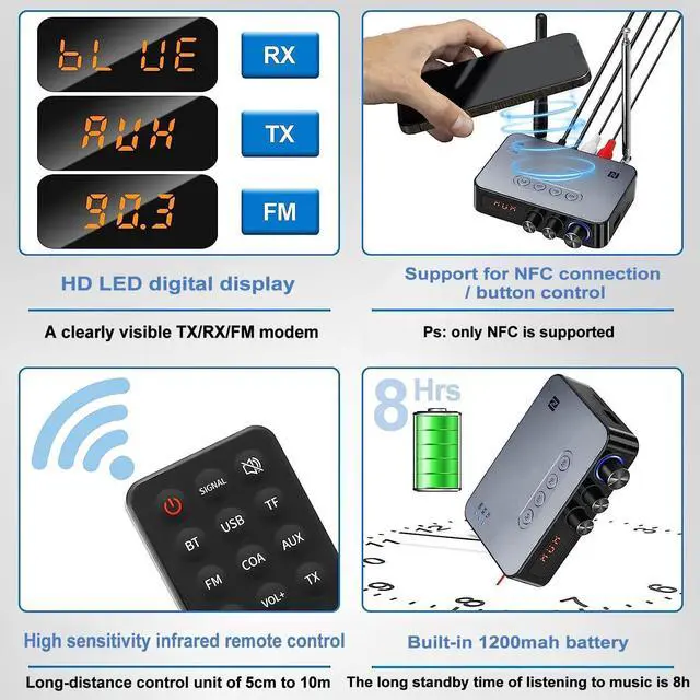 Alt view image 3 of 7 - Bluetooth 5.1 Transmitter Receiver for TV, 4-in-1 Wireless Bluetooth Adapter with Optical AUX RCA 6.5 Mic Connection, Low Latency NFC Audio Adapter with FM Radio Simultaneously for Home Party KTV
