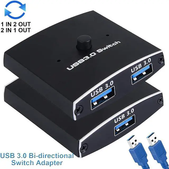 Main image of USB 3.0 Switch Selector, Bi-directional USB Sharing Switch [2 in 1 Out/ 1 in 2 Out], USB 3.0 KVM Switcher Adapter for Keyboard, Mouse, Scanner, Printer etc.. (2 Pack USB 3.0 Cable Included)