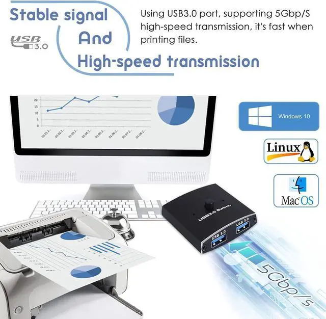 Alt view image 7 of 7 - USB 3.0 Switch Selector, Bi-directional USB Sharing Switch [2 in 1 Out/ 1 in 2 Out], USB 3.0 KVM Switcher Adapter for Keyboard, Mouse, Scanner, Printer etc.. (2 Pack USB 3.0 Cable Included)