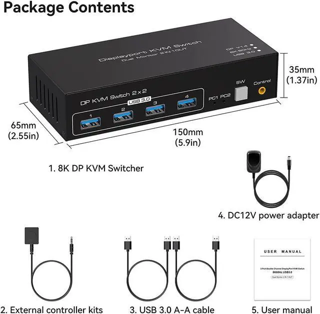 Alt view image 7 of 7 - Dual Monitor DisplayPort KVM Switch 2 in 2 Out, 2 Port DP 1.4 KVM Switch for 2 Computers 2 Monitors Share Keyboard Mouse Printer Support 8K @60Hz 4K@120HZ with 4 Port USB 3.0 Support Desktop Control