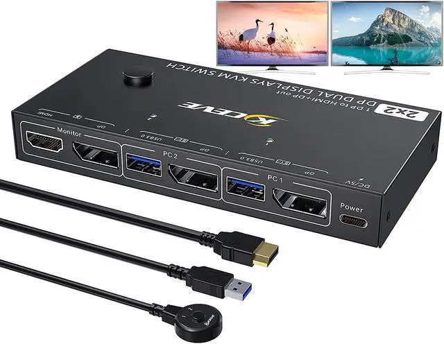 Main image of Dual Monitor Displayport KVM Switch 8K @30hz, 4K @30Hz, HDMI DP Extended Display Switcher for 2 Computers share 2 monitors and 4 USB 3.0 ports, wired remote control and DP 1.4 cable included