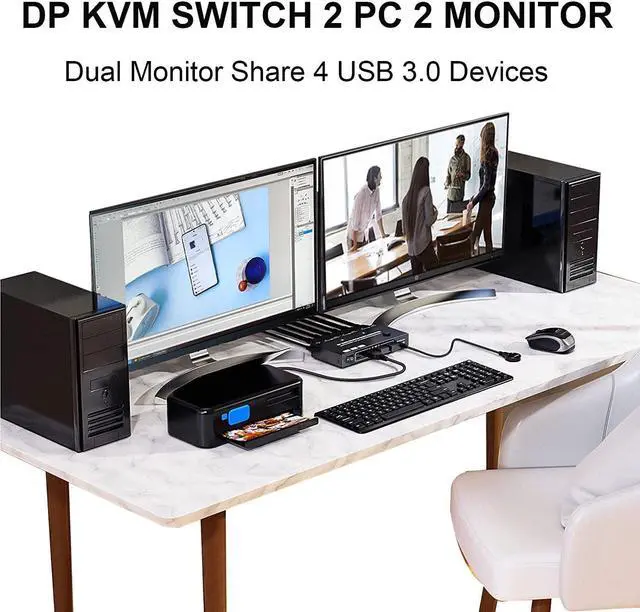 Alt view image 3 of 7 - Dual Monitor Displayport KVM Switch 8K @30hz, 4K @30Hz, HDMI DP Extended Display Switcher for 2 Computers share 2 monitors and 4 USB 3.0 ports, wired remote control and DP 1.4 cable included