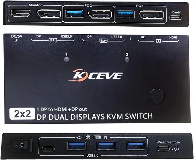 Alt view image 6 of 7 - Dual Monitor Displayport KVM Switch 8K @30hz, 4K @30Hz, HDMI DP Extended Display Switcher for 2 Computers share 2 monitors and 4 USB 3.0 ports, wired remote control and DP 1.4 cable included