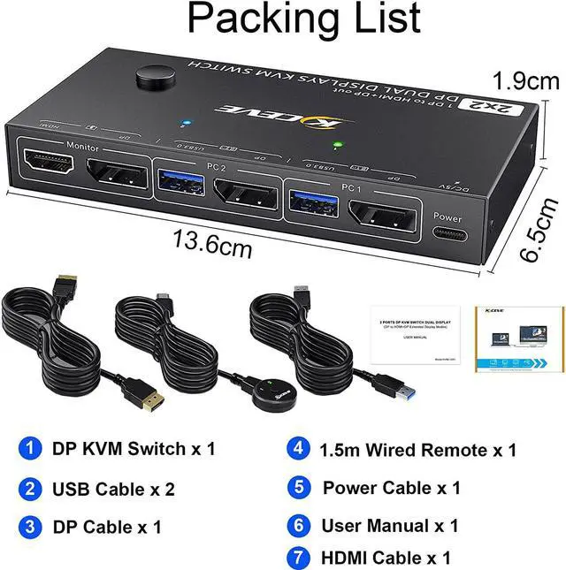 Alt view image 7 of 7 - Dual Monitor Displayport KVM Switch 8K @30hz, 4K @30Hz, HDMI DP Extended Display Switcher for 2 Computers share 2 monitors and 4 USB 3.0 ports, wired remote control and DP 1.4 cable included
