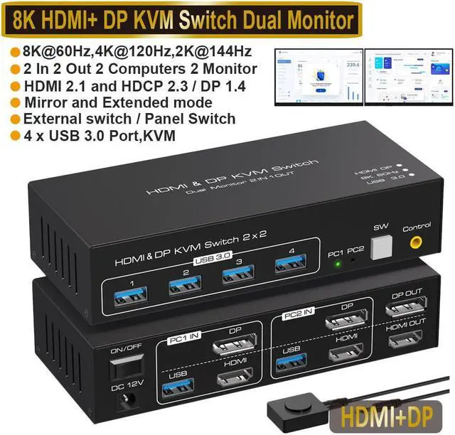 Main image of Dual Monitor DP + HDMI KVM Switch, 2 Port DisplayPort and HDMI 8K@60HZ 4K@120Hz KVM Switcher for 2 Computers 2 Monitors with 4 Ports USB 3.0, Support Copy and Extended Display and Desktop Control