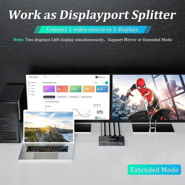 Alt view image 4 of 7 - MST Displayport Splitter Switch 2 in 2 Out 4K @60Hz, 2 Port Displayport Switcher for 2 Computers 2 Monitors, Support Extend and Mirror Mode for PCs with DP or USB C Port, Wired Remote Included