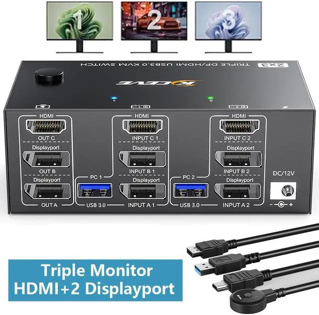 Main image of Triple Monitor HDMI DP KVM Switch for 3 Monitors 2 Computers, 8K@30Hz, HDMI + 2 Displayport KVM Switch for 2 Computer Share 3 Monitor and Keyboard Mouse, Wired Remote and 5 Cables Included