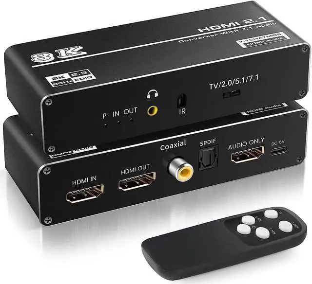 Main image of 8K HDMI Audio Extractor, HDMI to HDMI + Optical Toslink SPDIF + 3.5mm Audio Jack + Coaxial + 7.1Ch HDMI Audio Splitter, Support HDMI 2.1, HDCP 2.3, Dolby, DTS, HDR10 (with Remote Controller)