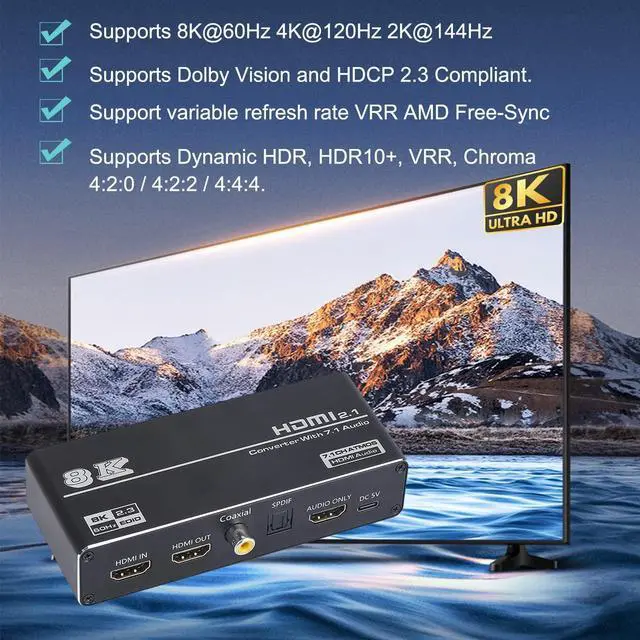 Alt view image 3 of 7 - 8K HDMI Audio Extractor, HDMI to HDMI + Optical Toslink SPDIF + 3.5mm Audio Jack + Coaxial + 7.1Ch HDMI Audio Splitter, Support HDMI 2.1, HDCP 2.3, Dolby, DTS, HDR10 (with Remote Controller)