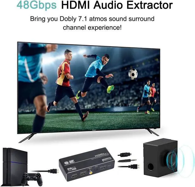 Alt view image 6 of 7 - 8K HDMI Audio Extractor, HDMI to HDMI + Optical Toslink SPDIF + 3.5mm Audio Jack + Coaxial + 7.1Ch HDMI Audio Splitter, Support HDMI 2.1, HDCP 2.3, Dolby, DTS, HDR10 (with Remote Controller)