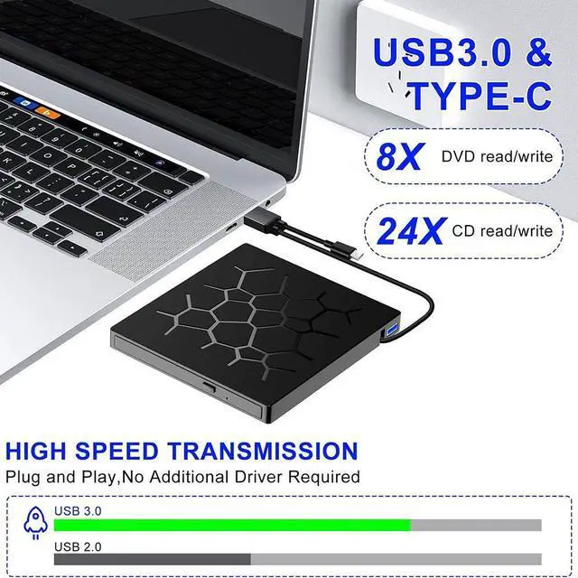 Alt view image 4 of 7 - External CD/DVD Drive for Laptop, [7 IN 1] USB 3.0 Ultra-Slim Portable DVD Player with SD/TF & 2 USB A, 2 USB C Hub, CD ROM Burner Writer External Optical Drive Compatible with Windows Linux MacOS