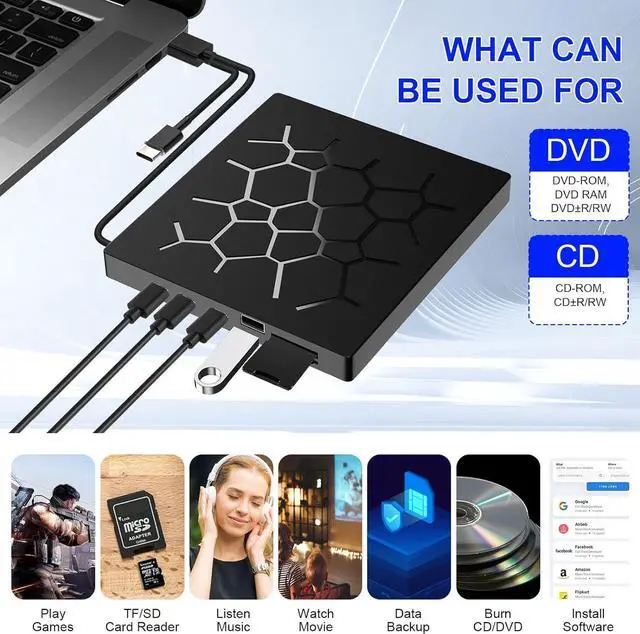 Alt view image 7 of 7 - External CD/DVD Drive for Laptop, [7 IN 1] USB 3.0 Ultra-Slim Portable DVD Player with SD/TF & 2 USB A, 2 USB C Hub, CD ROM Burner Writer External Optical Drive Compatible with Windows Linux MacOS