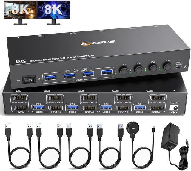 Main image of 8K DisplayPort KVM Switch for 4 Computers 2 Monitors 8K@30Hz 4K@144Hz, Dual Monitor DP KVM Switch DisplayPort 1.4 and 4 USB 3.0 Ports for 4 PC/Laptops, with DP+USB Cable and Desktop Controller