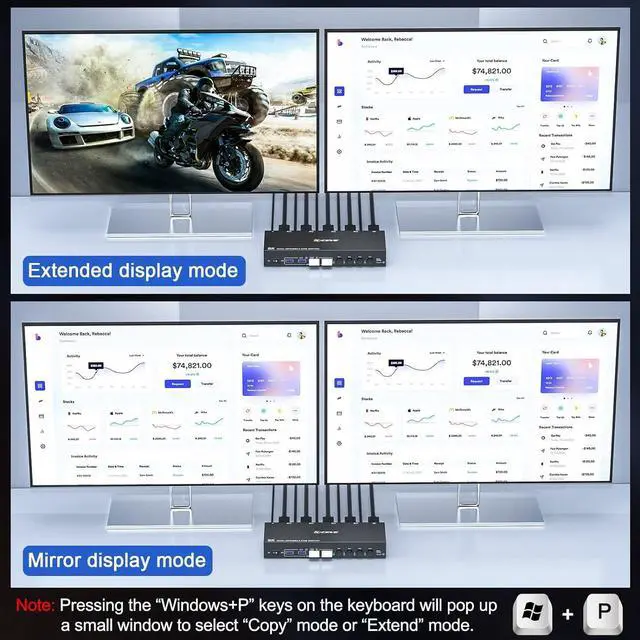 Alt view image 4 of 7 - 8K DisplayPort KVM Switch for 4 Computers 2 Monitors 8K@30Hz 4K@144Hz, Dual Monitor DP KVM Switch DisplayPort 1.4 and 4 USB 3.0 Ports for 4 PC/Laptops, with DP+USB Cable and Desktop Controller