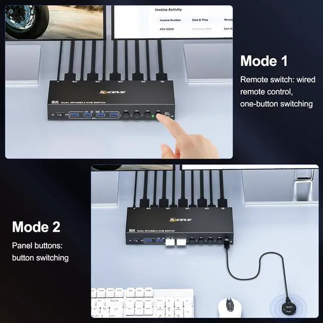 Alt view image 7 of 7 - 8K DisplayPort KVM Switch for 4 Computers 2 Monitors 8K@30Hz 4K@144Hz, Dual Monitor DP KVM Switch DisplayPort 1.4 and 4 USB 3.0 Ports for 4 PC/Laptops, with DP+USB Cable and Desktop Controller