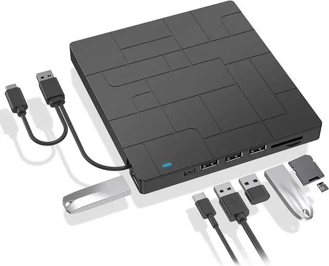 Main image of External CD/DVD Drive for Laptop, USB 3.0 Type-C DVD Player CD Burner ROM +/-RW Optical Reader Writer, Disk Drive with 4 USB Ports and 2 SD Card Slots for Windows/7/8/10, Mac OS and Linux (Black)