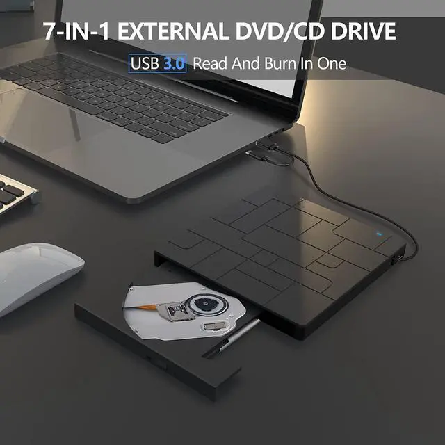 Alt view image 2 of 7 - External CD/DVD Drive for Laptop, USB 3.0 Type-C DVD Player CD Burner ROM +/-RW Optical Reader Writer, Disk Drive with 4 USB Ports and 2 SD Card Slots for Windows/7/8/10, Mac OS and Linux (Black)