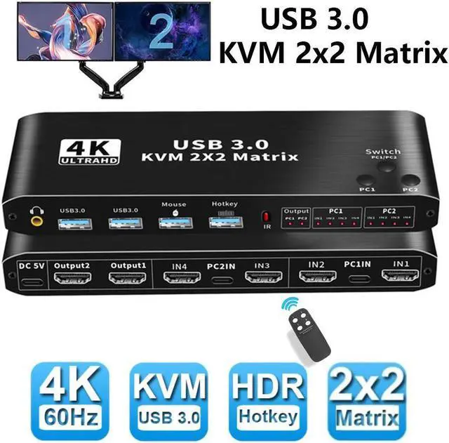Main image of Dual Monitor HDMI KVM Matrix Switch 2x2, USB 3.0 HDMI KVM Switch for 2 Computers 2 Monitors, HDMI KVM Switch 2 in 2 out 4K 60Hz 2x2 Mixed Display for PC laptop Windows, macOS, Linux, and UNIX
