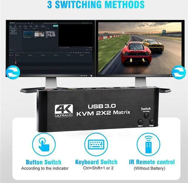 Alt view image 3 of 7 - Dual Monitor HDMI KVM Matrix Switch 2x2, USB 3.0 HDMI KVM Switch for 2 Computers 2 Monitors, HDMI KVM Switch 2 in 2 out 4K 60Hz 2x2 Mixed Display for PC laptop Windows, macOS, Linux, and UNIX