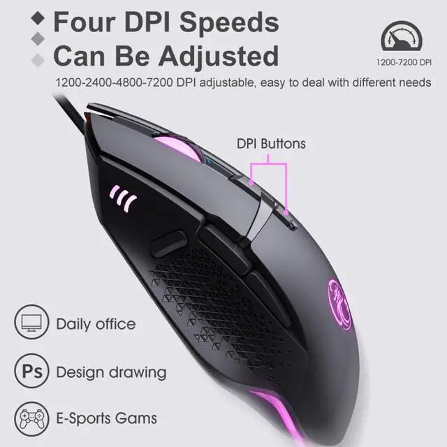 Alt view image 4 of 7 - Fire Key Design USB Wired Gaming Mouse, Gamer Mause 7200DPI Optical Mouse with 8 Buttons RGB Breathing light LED 4 Adjustable DPI levels 7200/4800/2400/1200dpi Gaming Mouse for Laptop PC