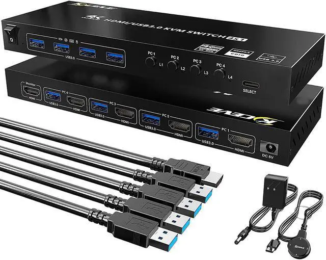 Main image of USB 3.0 HDMI KVM Switch 4 Port Support 4K @60Hz RGB 4:4:4, USB Hub HDR EDID HDMI USB Switch 4 in 1 Out and 4 USB 3.0 Port for Keyboard Mouse Printer, with Controller, USB 3.0 Cables and HDMI-Cable