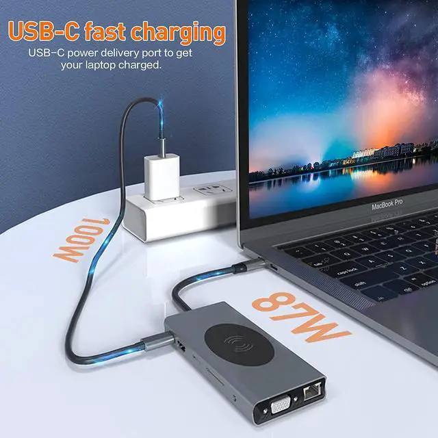 Alt view image 3 of 7 - [New] USB C HUB Dongle with Wireless Charging, 13 in 1 USB C Docking Station Adapter with 4K HDMI, VGA, 2x USB3.0, USB C 3.0 & 2.0, SD/TF & 3.5 mm AUX, Compatible with M-ac-Book Pro& Other Laptops