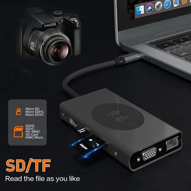 Alt view image 6 of 7 - [New] USB C HUB Dongle with Wireless Charging, 13 in 1 USB C Docking Station Adapter with 4K HDMI, VGA, 2x USB3.0, USB C 3.0 & 2.0, SD/TF & 3.5 mm AUX, Compatible with M-ac-Book Pro& Other Laptops