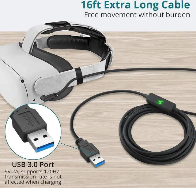Alt view image 5 of 7 - 16ft / 5M USB A to C Cable, VR Link Cable Compatible with O-culus Quest 2/Pro/Pico 4, Separate Charging Port, Transmission rate up to 5Gbps, USB 3.0 to USB C Cable Accessories for Gaming PC/Steam VR